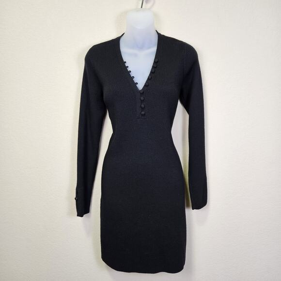 Club Monaco Evangah Sweater Dress Womens S Black Wool Ribbed Mini Button V-Neck - Picture 1 of 16